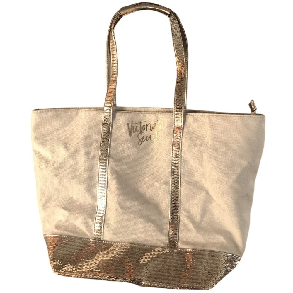 Victoria's Secret Canvas Tote‎ Bag with Gold Sequin Trim – Large